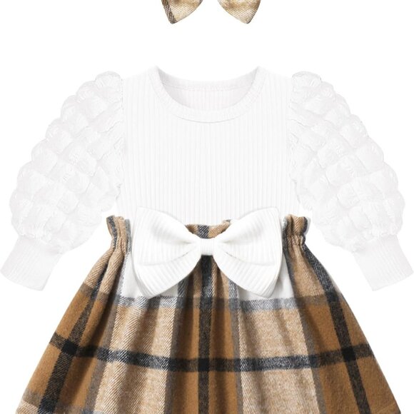 Stylish Cotton Blend Baby Girl Dress with Puff Sleeves & Bowknot Headband 12-18M - Picture 1 of 6